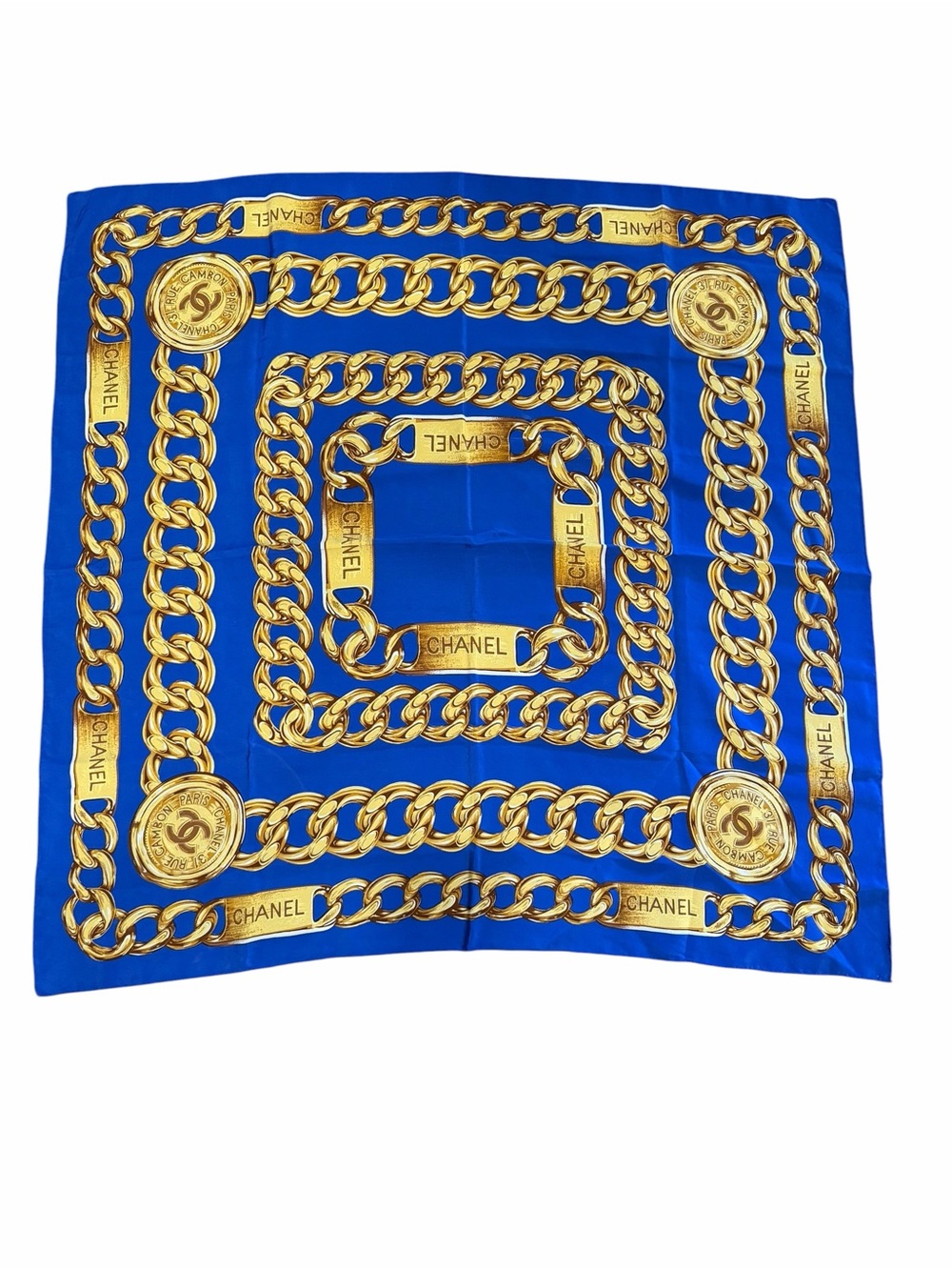 CHANEL Royal Blue Silk Scarf with Gold Chain Print - Picture 7 of 7